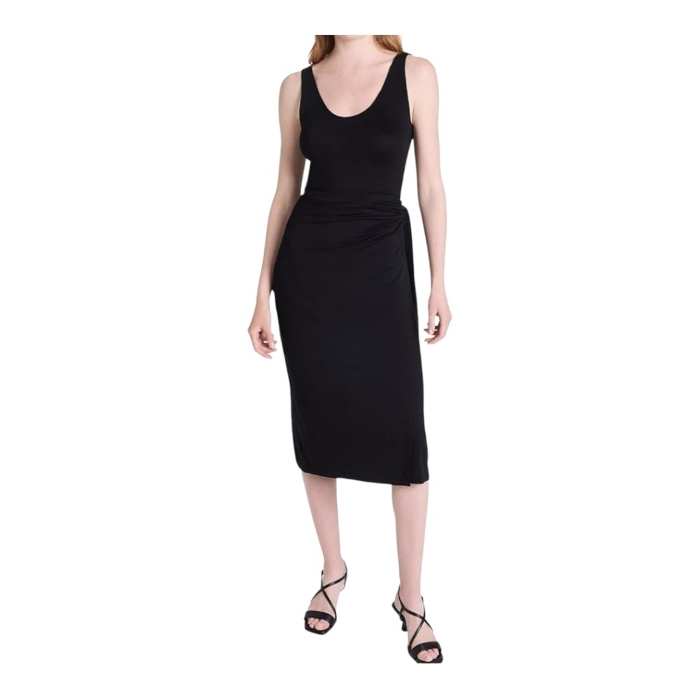 Vince Womens Black Midi Wrap Dress XS Scoop Neck Sleeveless Drape Front